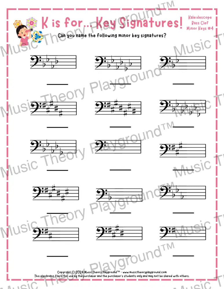 K is for… Key Signatures! Bass Clef Major Collection 2 Knight / Worksheet + Answer Key Student Worksheet
