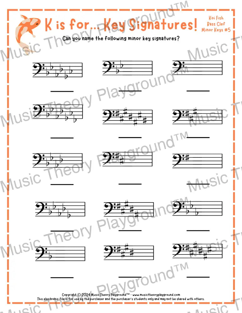 K is for… Key Signatures! Bass Clef Major Collection 2 Knitting / Worksheet + Answer Key Student Worksheet