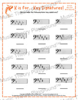 K is for… Key Signatures! Bass Clef Major Collection 2 Knitting / Worksheet + Answer Key Student Worksheet