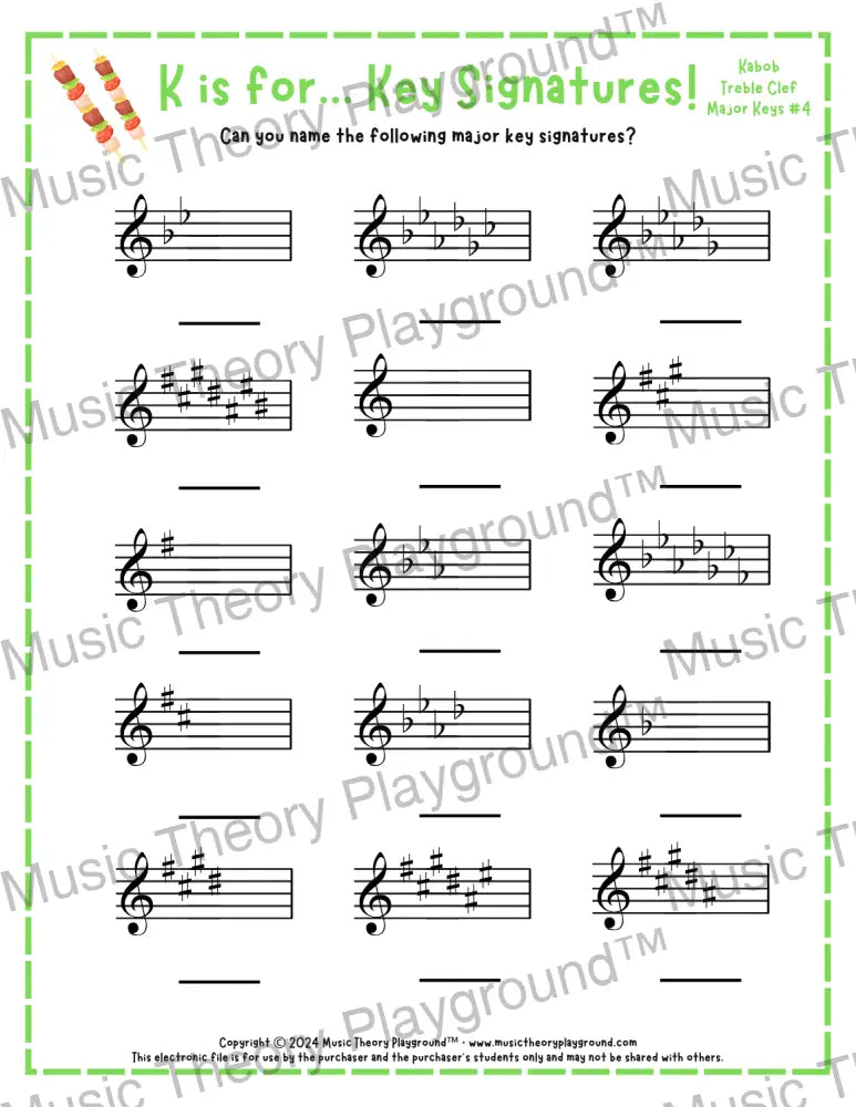 K is for… Key Signatures! Treble Clef Major Collection 1 Kabob / Worksheet + Answer Key Student Worksheet