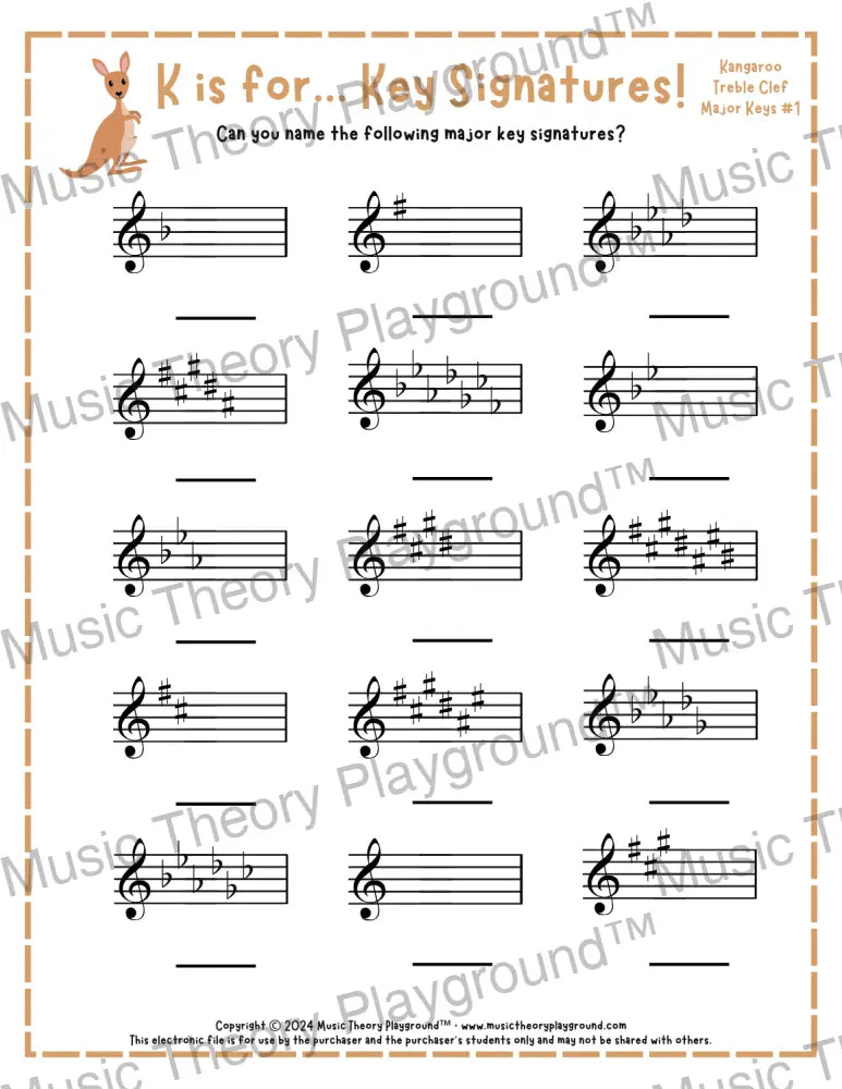 K is for… Key Signatures! Treble Clef Major Collection 1 Kangaroo / Worksheet + Answer Key Student Worksheet