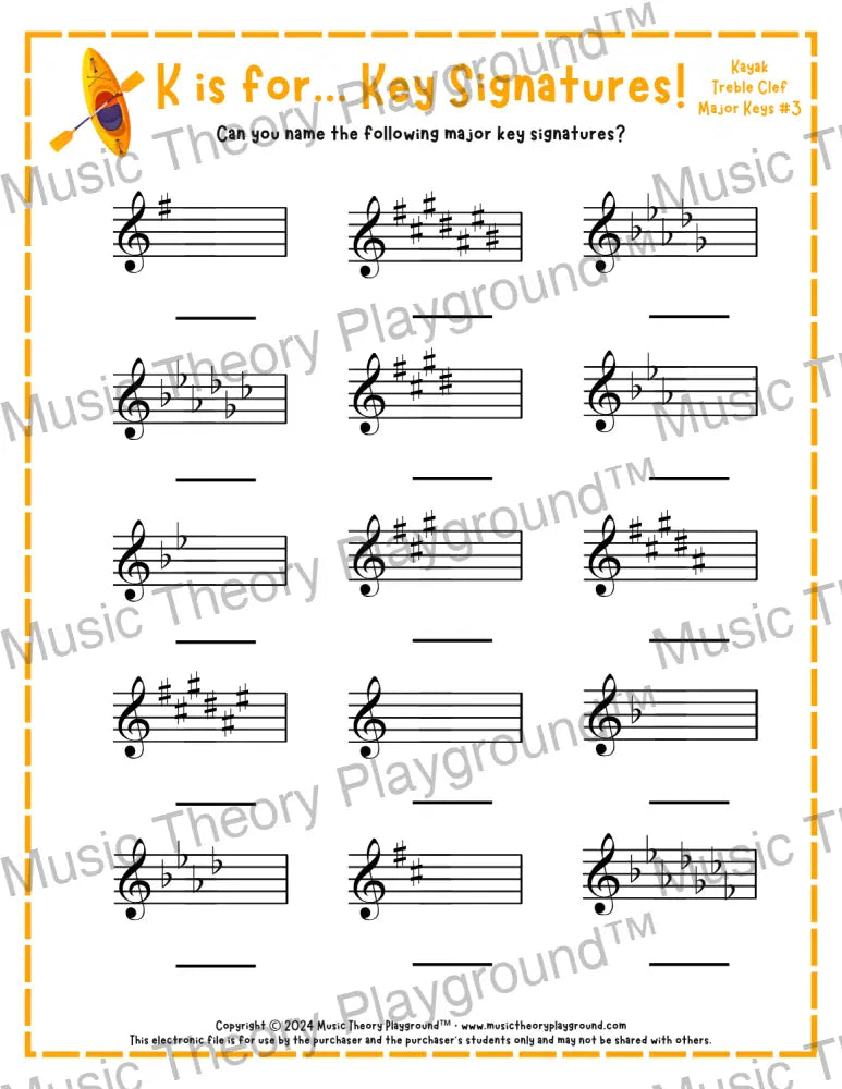 K is for… Key Signatures! Treble Clef Major Collection 1 Kayak / Worksheet + Answer Key Student Worksheet