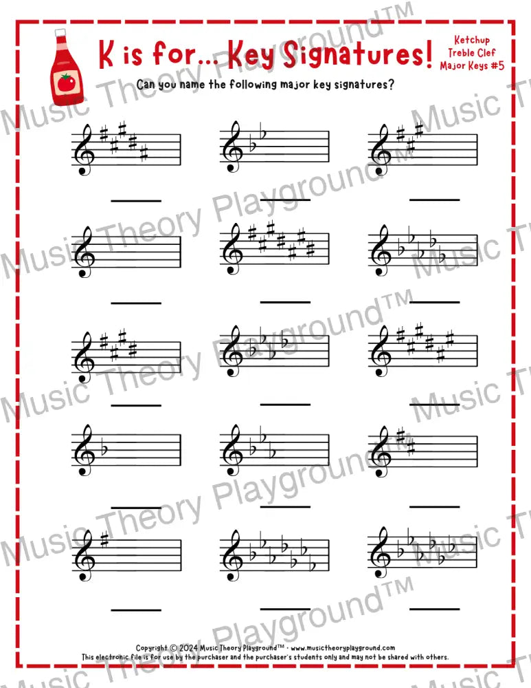 K is for… Key Signatures! Treble Clef Major Collection 1 Ketchup / Worksheet + Answer Key Student Worksheet