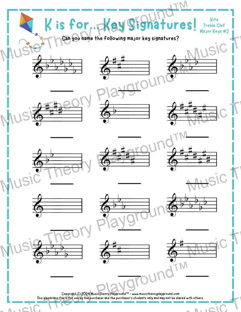 K is for… Key Signatures! Treble Clef Major Collection 1 Kite / Worksheet + Answer Key Student Worksheet