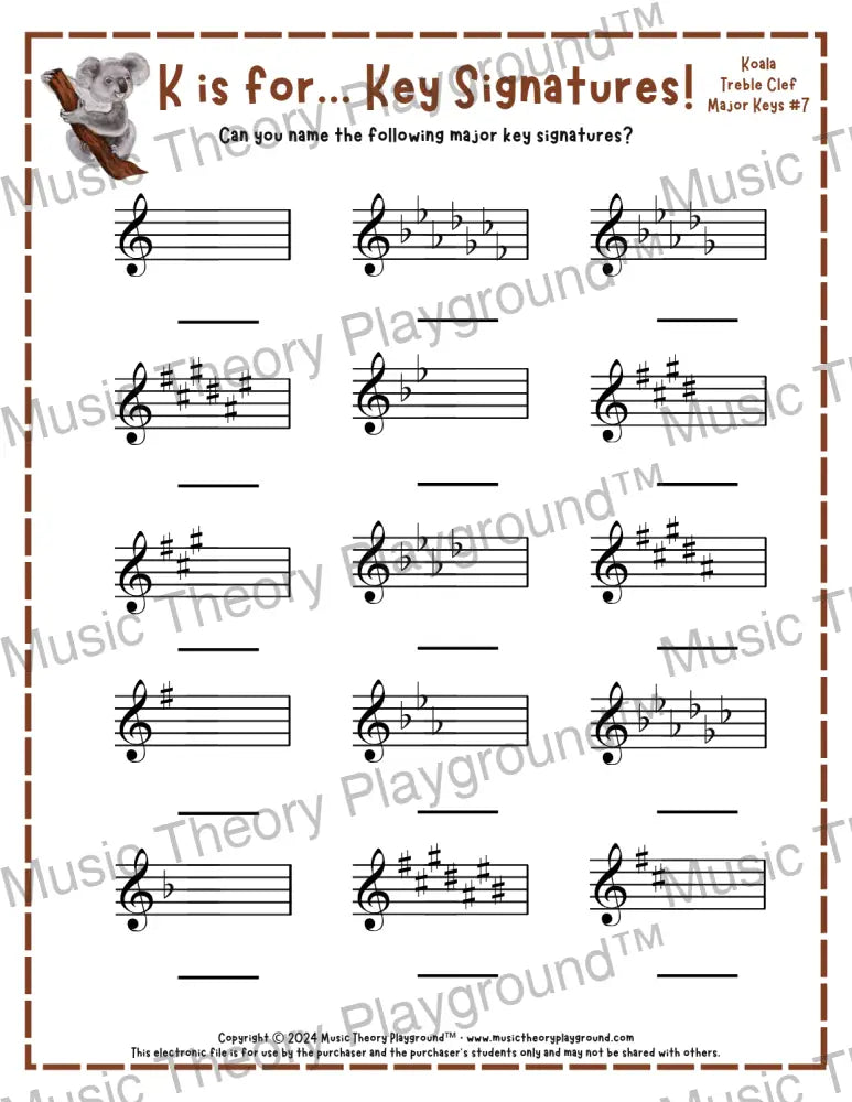 K is for… Key Signatures! Treble Clef Minor Collection 1 Kale / Worksheet + Answer Key Student Worksheet