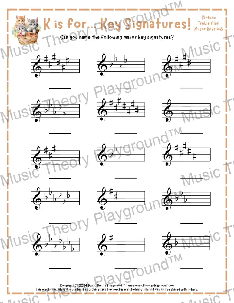 K is for… Key Signatures! Treble Clef Minor Collection 1 Kickball / Worksheet + Answer Key Student Worksheet
