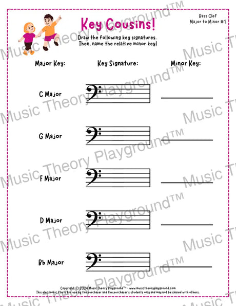 Bass clef key signature music worksheet - printable PDF