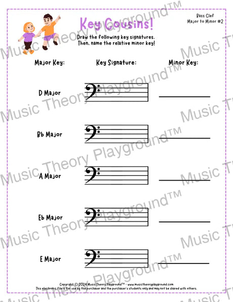 Bass clef key signature music worksheet - printable PDF