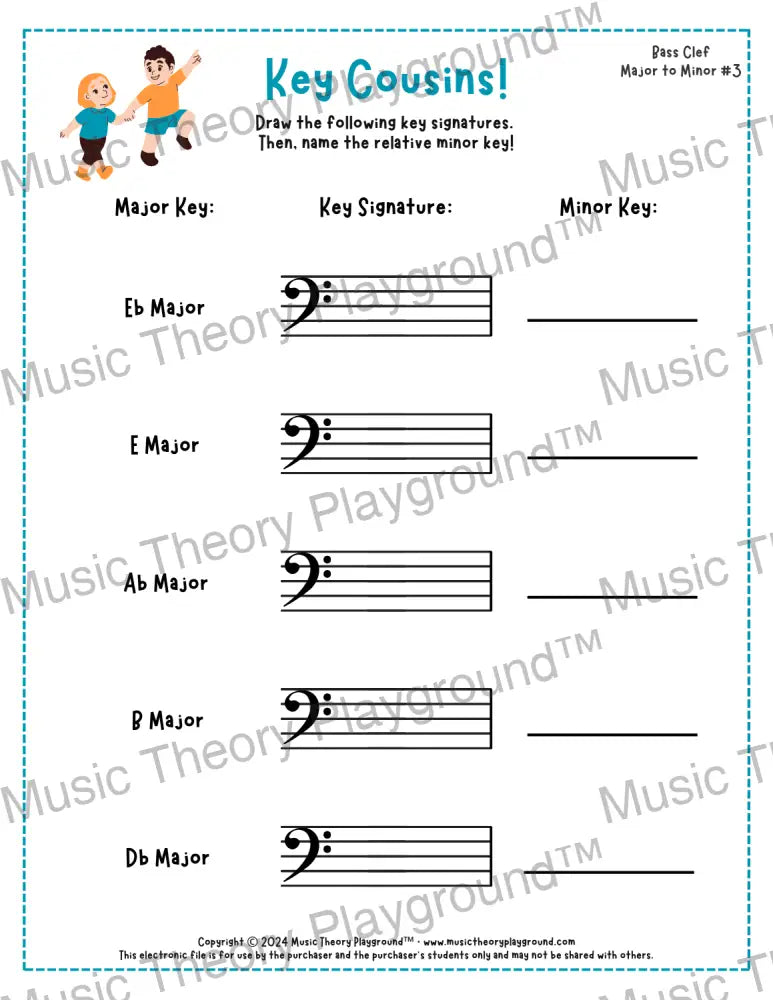 Bass clef key signature music worksheet - printable PDF