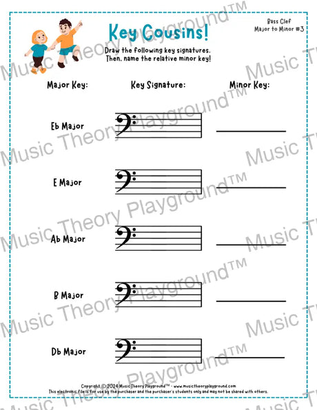 Bass clef key signature music worksheet - printable PDF