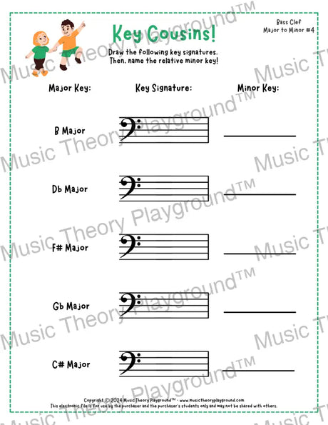 Bass clef key signature music worksheet - printable PDF