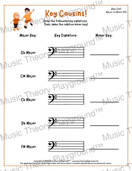 Bass clef key signature music worksheet - printable PDF