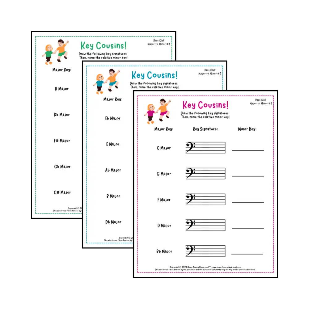 Bass clef key signature music worksheets - printable PDFs