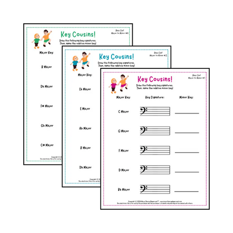 Bass clef key signature music worksheets - printable PDFs