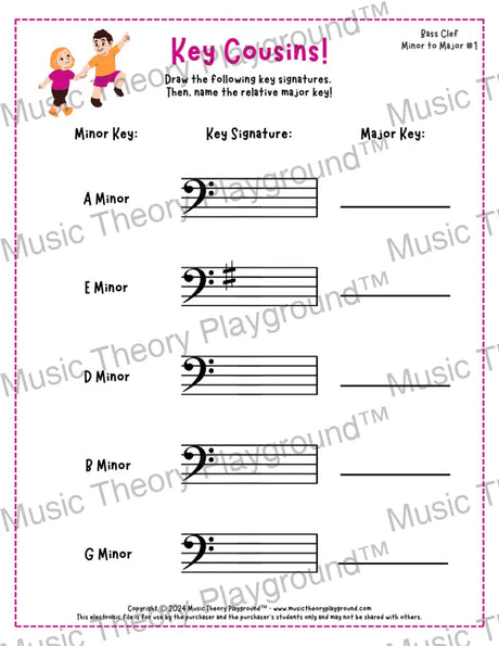Bass clef key signature music worksheet - printable PDF