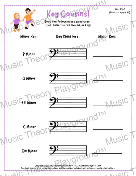 Bass clef key signature music worksheet - printable PDF