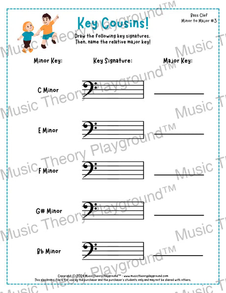 Bass clef key signature music worksheet - printable PDF