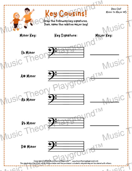 Bass clef key signature music worksheet - printable PDF