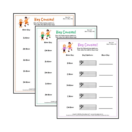 Bass clef key signature music worksheets - printable PDFs
