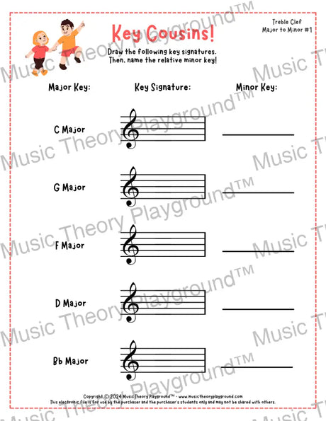 Treble clef key signature music worksheet - printable PDF