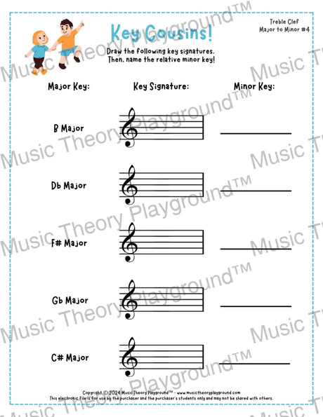 Treble clef key signature music worksheet - printable PDF