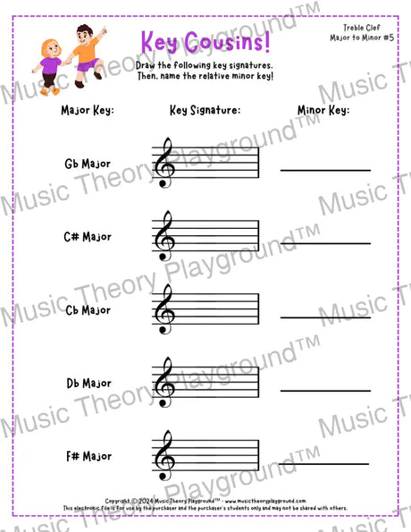 Treble clef key signature music worksheet - printable PDF