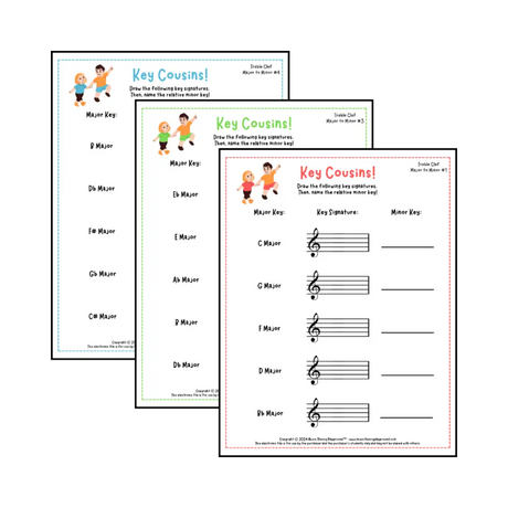 Treble clef key signature music worksheets - printable PDFs