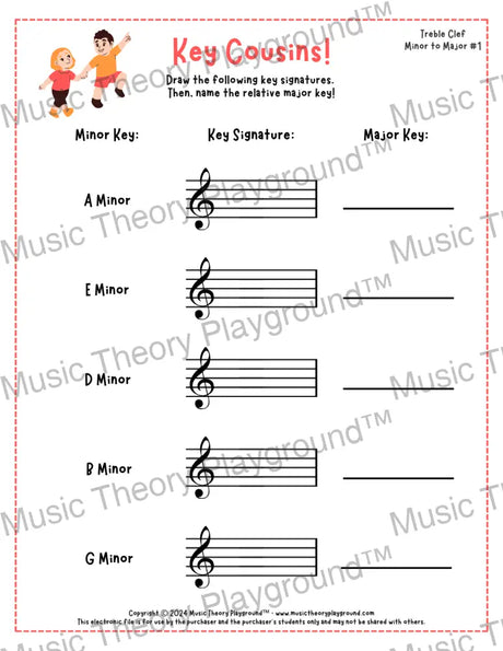 Treble clef key signature music worksheet - printable PDF