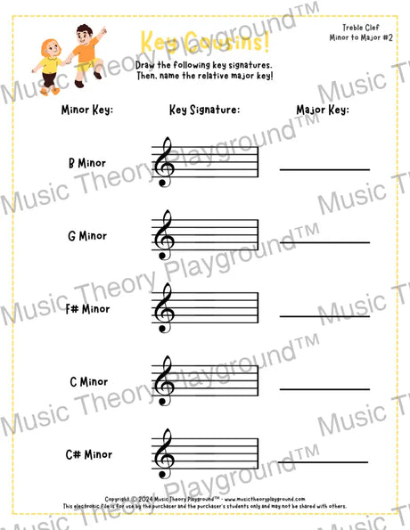 Treble clef key signature music worksheet - printable PDF