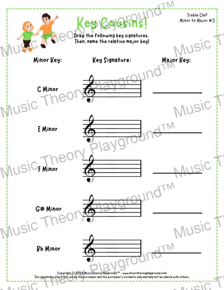 Treble clef key signature music worksheet - printable PDF