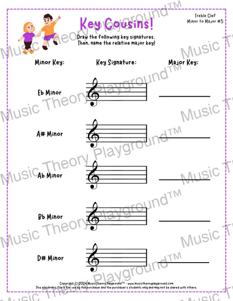 Treble clef key signature music worksheet - printable PDF
