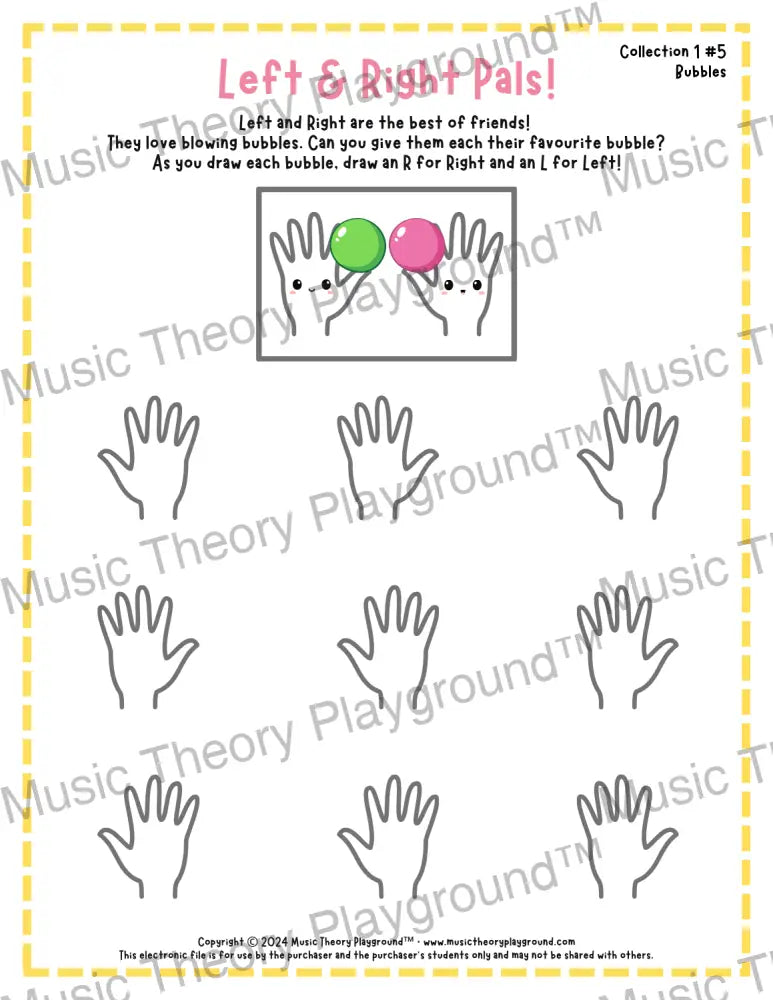 Printable left and right hand worksheet for beginner music students