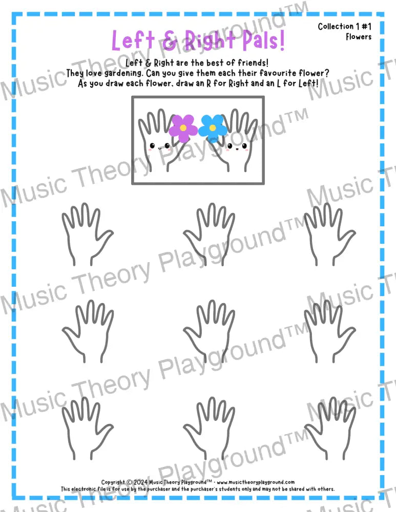 Printable left and right hand worksheet for beginner music students
