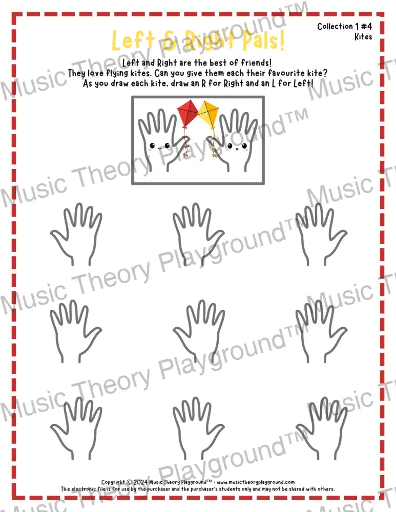Printable left and right hand worksheet for beginner music students