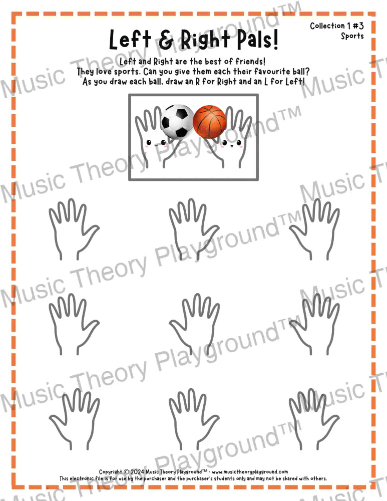 Printable left and right hand worksheet for beginner music students