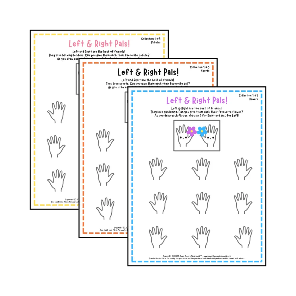 Printable left and right hand worksheet for beginner music students