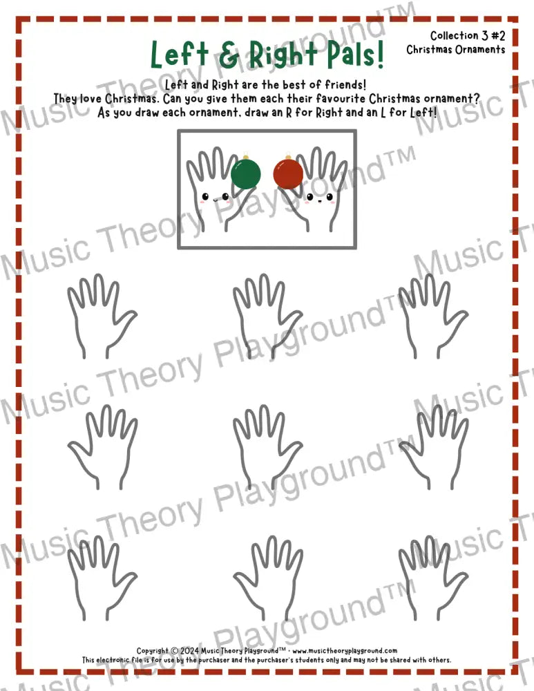 Printable left and right hand Christmas worksheet for beginner music students