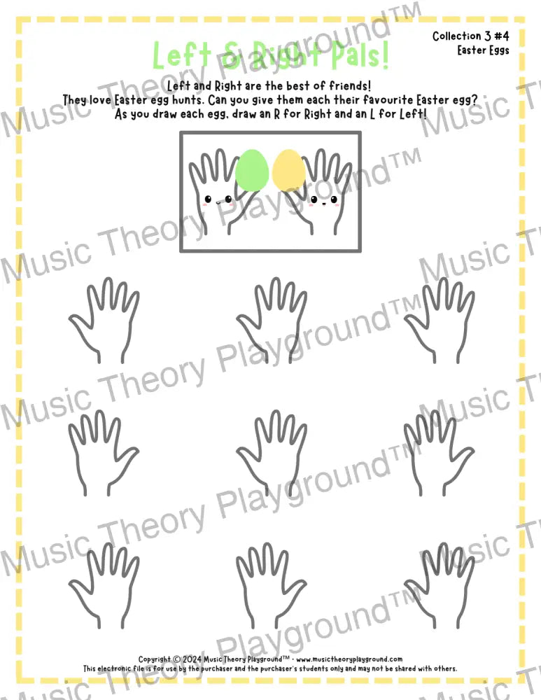 Printable left and right hand Easter worksheet for beginner music students