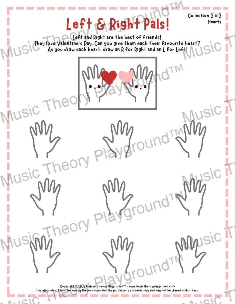 Printable left and right hand Valentine's Day worksheet for beginner music students