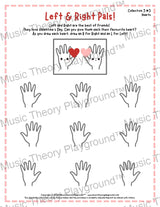Printable left and right hand Valentine's Day worksheet for beginner music students