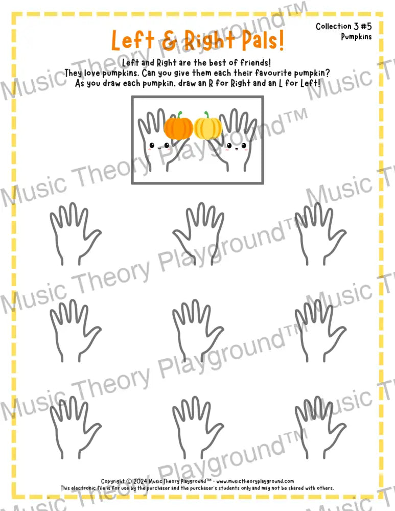 Printable left and right hand autumn & Halloween worksheet for beginner music students