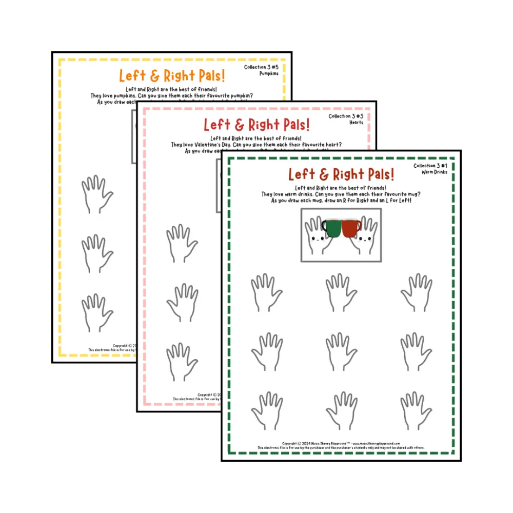 Printable left and right hand holiday worksheets for beginner music students