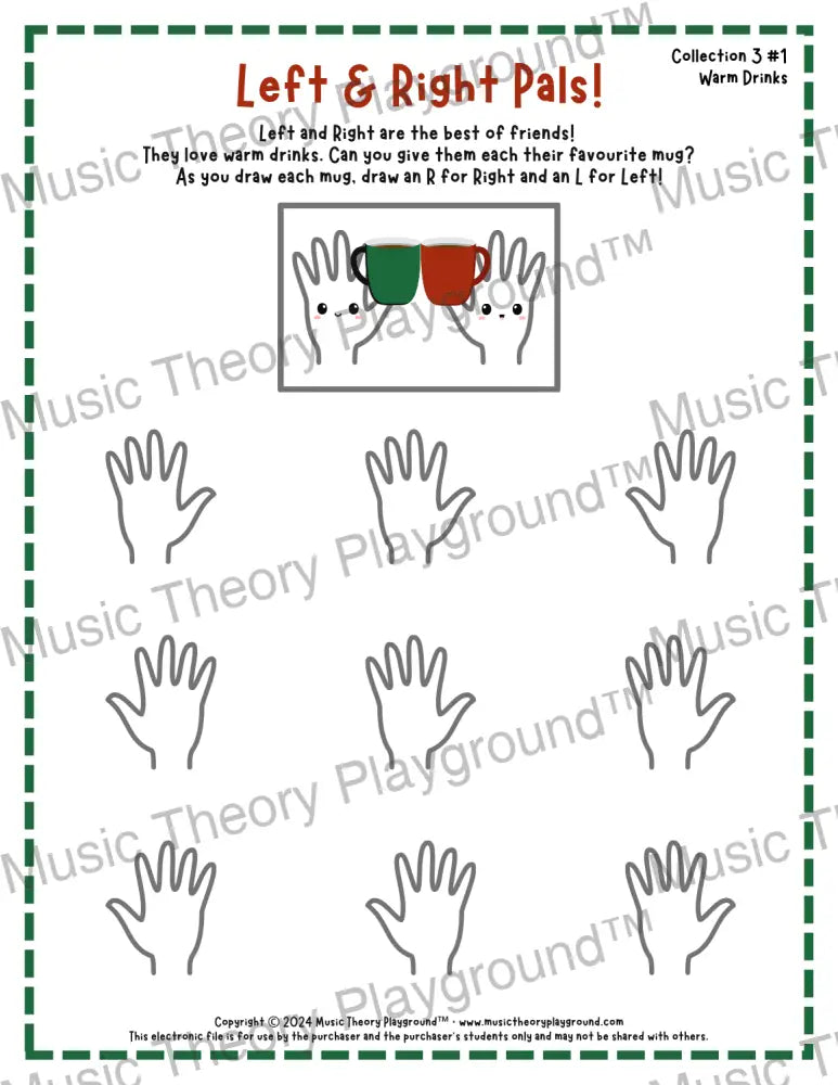 Printable left and right hand Christmas worksheet for beginner music students