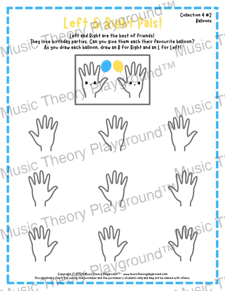 Printable left and right hand worksheet for beginner music students