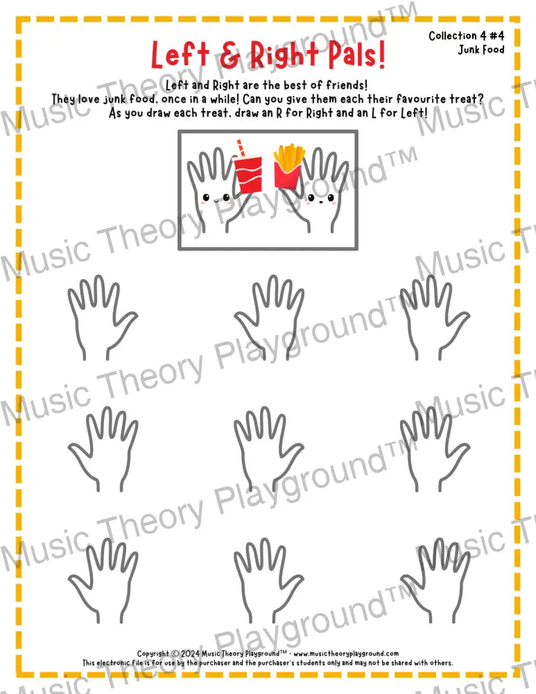 Printable left and right hand worksheet for beginner music students
