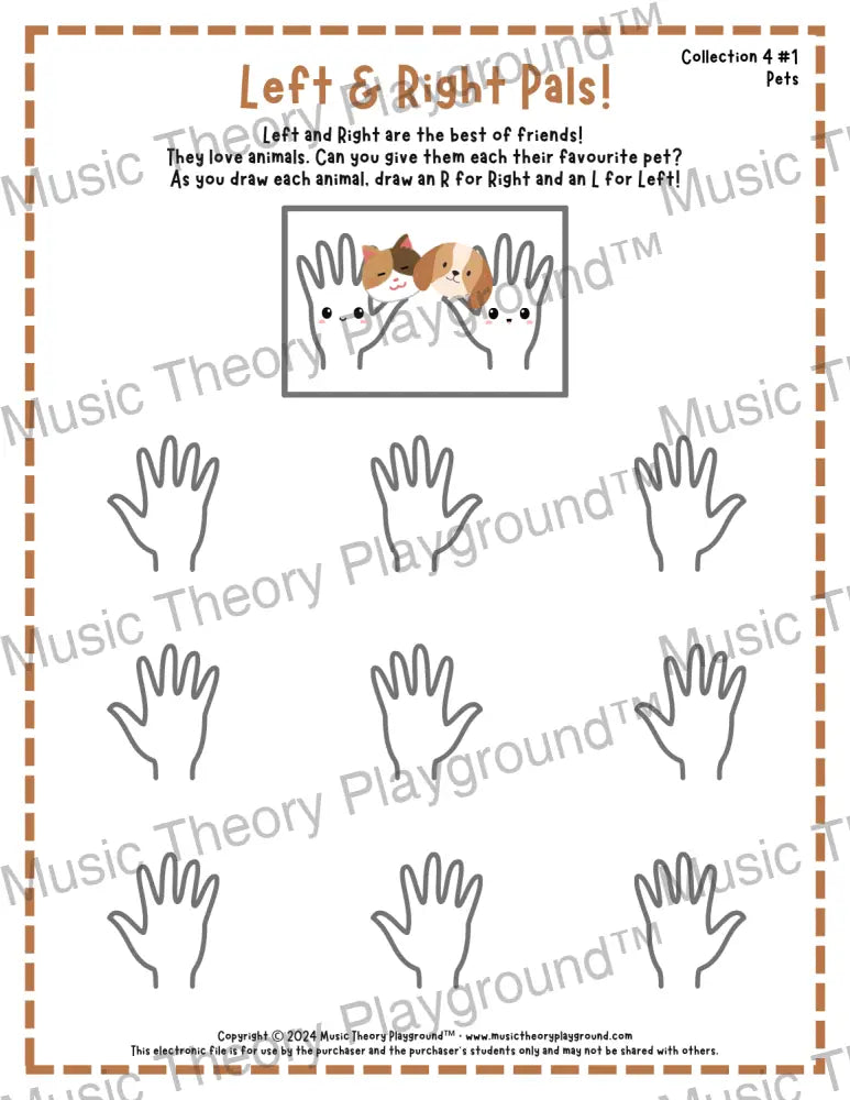 Printable left and right hand worksheet for beginner music students