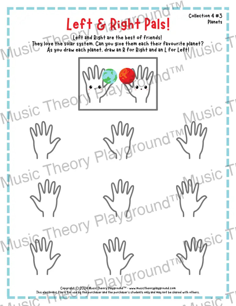 Printable left and right hand worksheet for beginner music students
