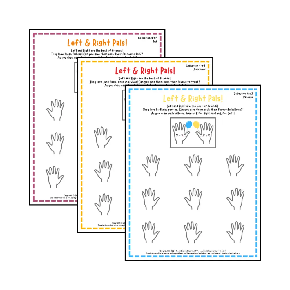 Printable left and right hand worksheet for beginner music students
