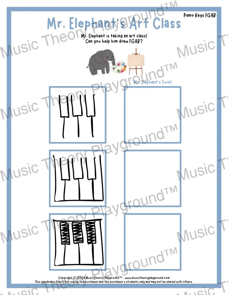 Mr. Elephant’s Art Class: Piano Keys & Clefs FGAB Student Worksheet