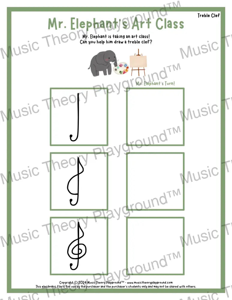 Mr. Elephant’s Art Class: Piano Keys & Clefs Treble Clef Student Worksheet